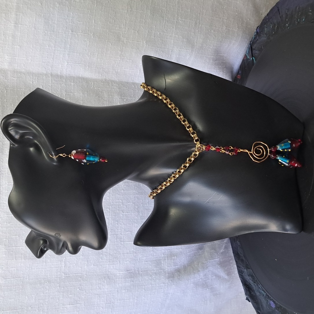 Hand Crafted  Gold Teal Red Beaded Lamp work Necklace and Earring set